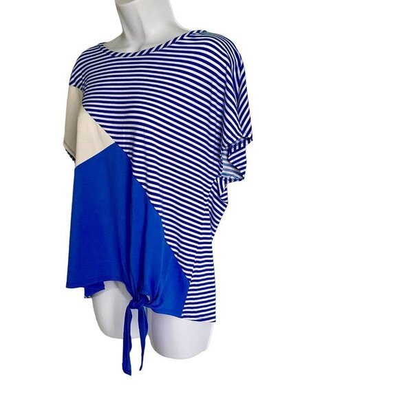 Absolutely Famous Short Sleeve Blue White Top with Front Tie Women's Medium - Picture 4 of 7